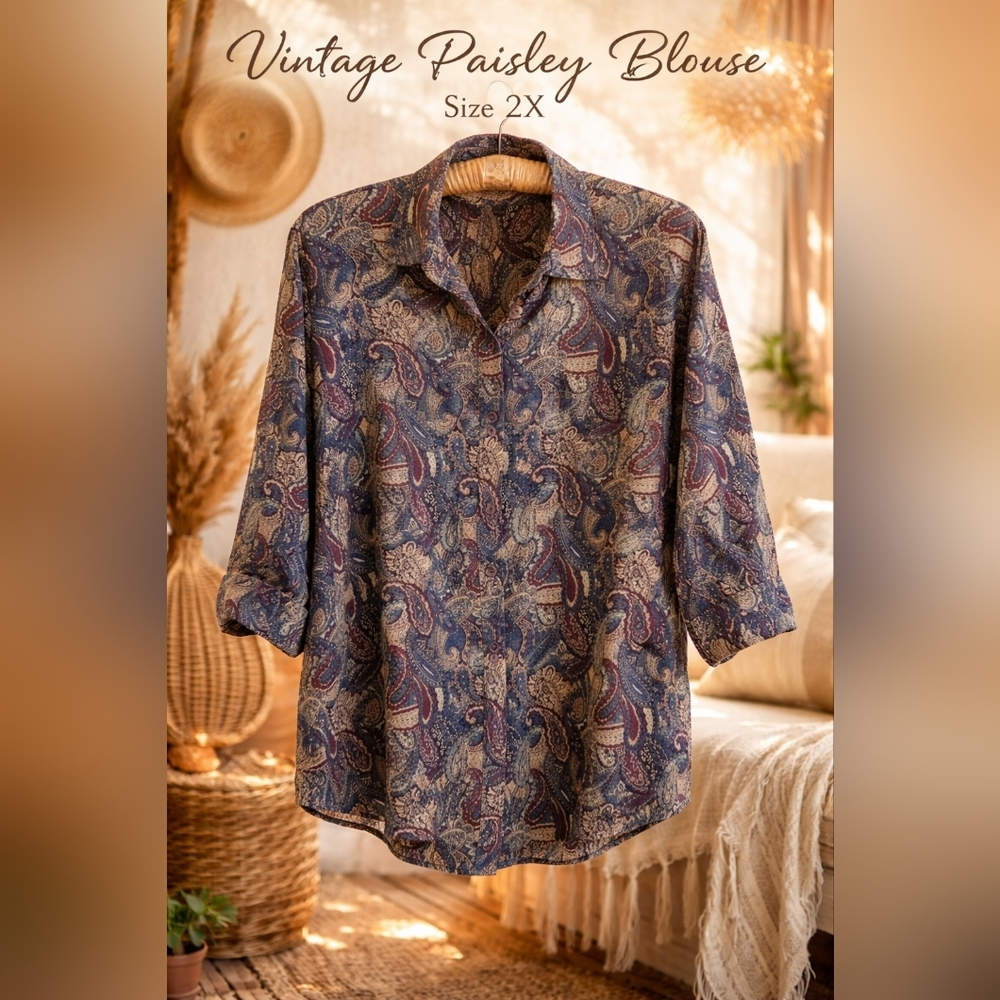 Vintage Paisley Multicolor Blue Maroon Button-Up Long Sleeve Retro Boho Top - Picture 3 of 7